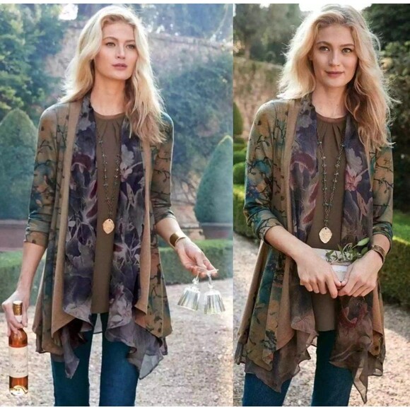 Soft Surroundings Tea Gardens Topper Printed Floral Open Cardigan US Size Medium - Picture 1 of 12